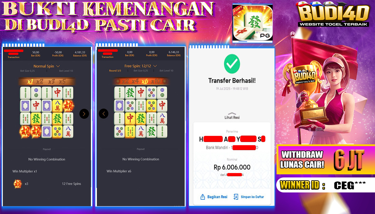 BUDI4D JACKPOT USERID:  CEG**** SLOT PGSOFT MAHJONG WAYS Rp.6.006.000,- LUNAS